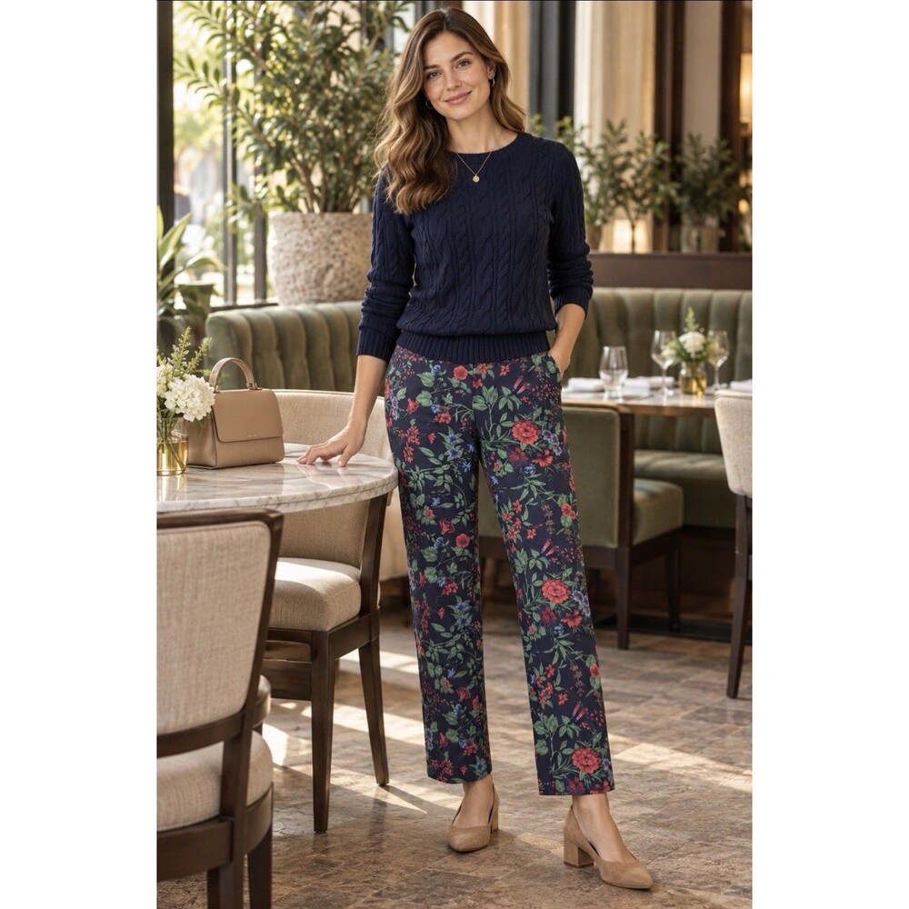 J.McLaughlin Womens Navy Floral Side Zip Slim Ankle Pants 10 Stretch Botanical